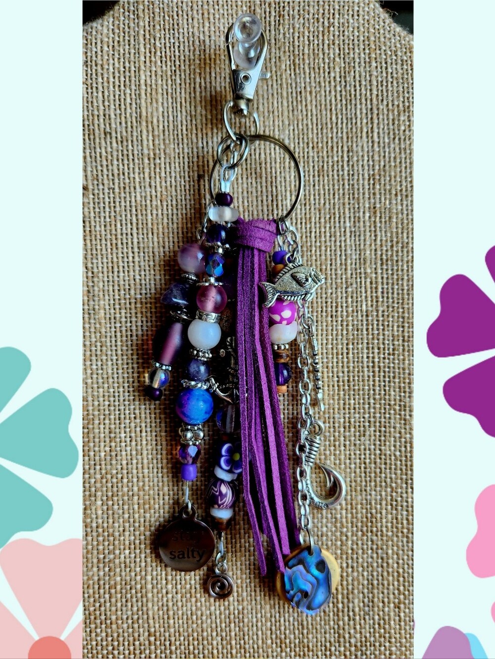 Purple Boho Tassel Keychain Charm with Beads and Fish Accent